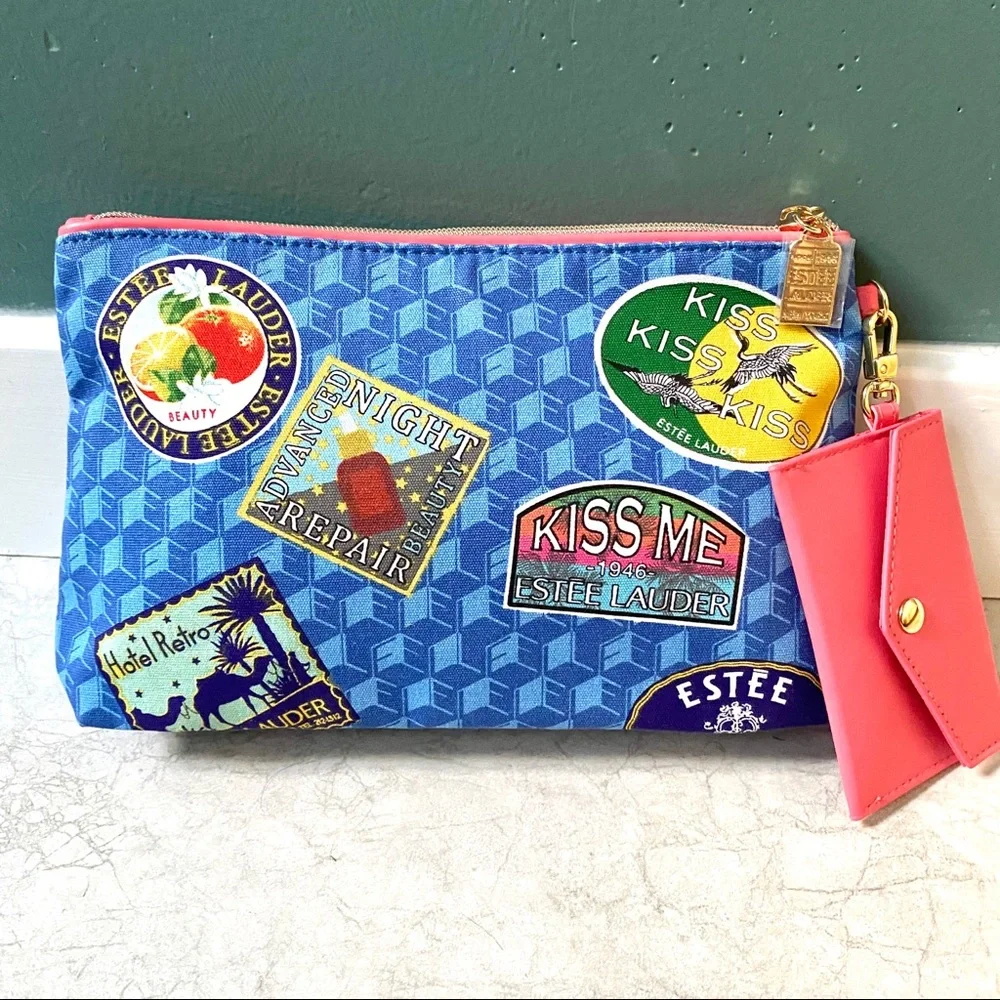 ESTEE LAUDER Cosmetic Makeup Pouch zipper Bag TRAVEL THEME with Card Holder case